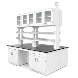 Modular Laboratory Furniture Island Workbench with Steel Cabinets Upper Storage Cabinets and Reagent Shelves for Labs