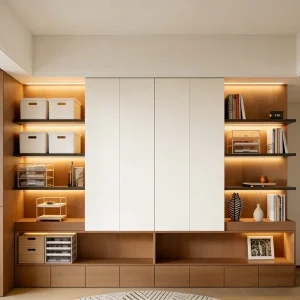 Modular Oak Book Cabinet with LED Handleless Sliding Door Custom OEM Factory Direct