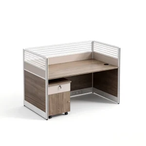 Modular Office Partition Workstation Modern Cubicle Desk with Frosted Slat Glass Screen & Mobile Locked Pedestal Cabinet