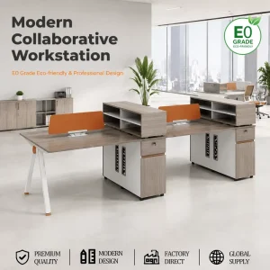 Modular Office Workstation with Overhead Storage Hutch E0 Board 4 Person Desk with Open Shelf and Orange Privacy Screen