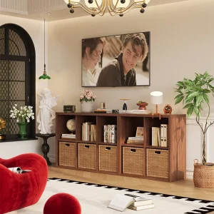 Modular TV Cabinet with Baskets Steel Frame Wood Grain Finish for Living Room Storage
