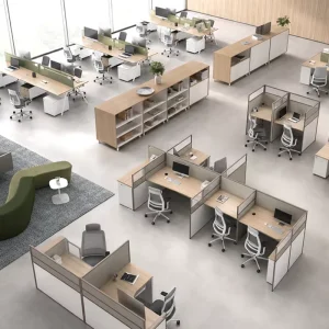 Modularization Modern Office Workstation Cubicle Two Tone Privacy Panel Divider Wood Grain Desk Metal Frame Team Space