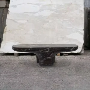 Monolithic Flared Wing Coffee Table Rounded Bean Marble Slab Twin Thick Column Sculpture Living Room Furniture