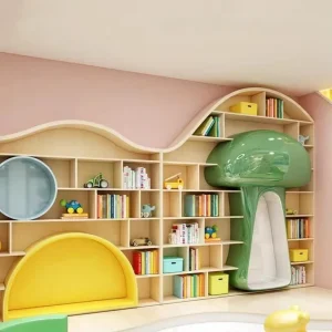Montessori Kids Wooden Library Bookshelf Preschool Daycare Furniture Mushroom Bookcase Early Learning Reading Corner Set