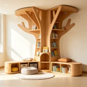 Montessori Nursery Library Furniture Wooden Tree Bookshelf Reading Corner Storage Rack Daycare Childcare Center Kids Set