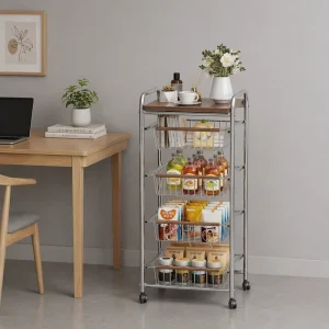 Movable Food Fruit Spice Storage Metal Rolling Storage Cart Four Tier Mobile Organizer Trolley for Kitchen Bathroom Bedroom