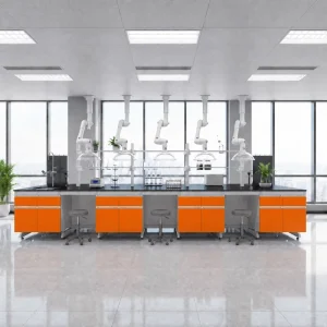 Multi Function Island All Steel Lab Workbench Central Laboratory Workbench with Wall Cabinets and Double Shelf