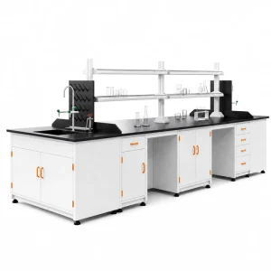 Multi-Function Island All-Steel Lab Workbench Central Laboratory Workbench with Wall Cabinets with Double Shelf Industrial