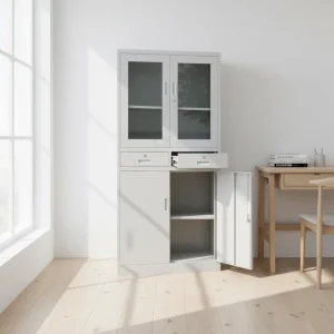Multi Function Modern 2 Door Steel Cabinet Glass Doors Adjustable Shelves Lockable Organizer for Home Office Study Warehouse
