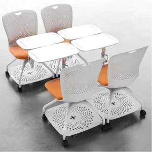 Multi Function Training Chair with Flip up Writing Desk White Perforated Seat Rolling Base Classroom Meeting Room Chair