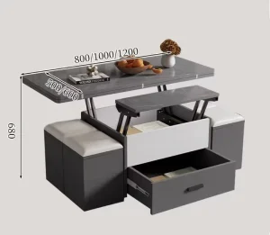 Multi Functional Lift Top Coffee Table Adjustable Height with Sintered Stone Top and Stools