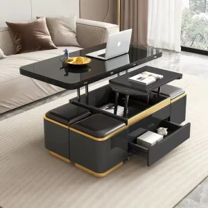 Multi Functional Lift Top Coffee Table Adjustable Height with Wheels and Storage Stools