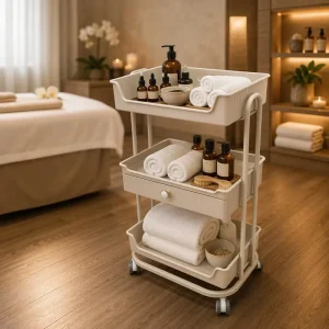 Multi Tier Beauty Salon Storage Cart with Lockable Drawer Rolling Spa Trolley with 360° Swivel Wheels