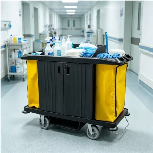 Multi Tray Eco Friendly Durable Plastic Janitor Cart Lock Double Door Yellow Bag Silent Caster Hospitality Room Service Trolley