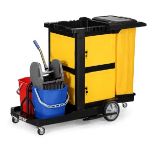 Multifunction Housekeeping Trolley with Mop Wringer Cleaning Buckets Lockable Storage Cabinet and Covered Waste Collection Bag