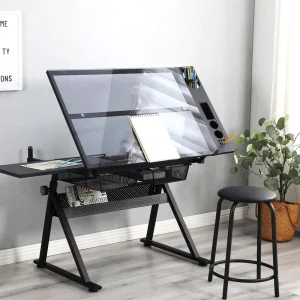 Multifunctional Art Drawing Table Design Desk Adjustable Angle Height Tempered Glass Tabletop for Painting Writing Design