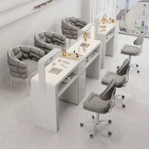 Multifunctional Cream Style Nail Art Table and Chair Set with Extraction Cabinet White Gray Colors Various Sizes