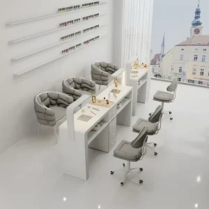 Multifunctional Modern Cream Commercial Salon Nail Art Table Chair Set Solid Wood Top MDF Vacuum Cleaner Storage Organization