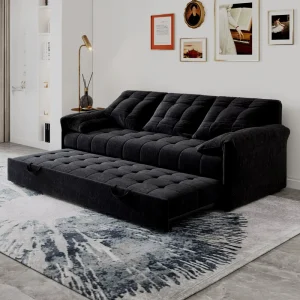 Multifunctional Pull Out Sofa Bed Modern Black Fabric Living Room Sofa Tufted Sectional Sleeper Couch for Home Hotel Furniture