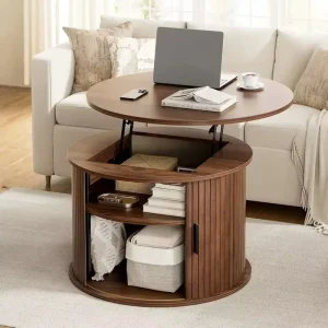 Multifunctional Solid Wood Round Tea Table Lift Top Closed Storage Dark Tone Home Living Room Sofa Daily Furnish Decor Furniture