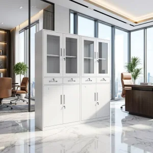 Multifunctional White Office Cabinet Featuring Glass Display Private Drawers and Large Archives