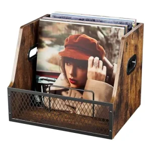 Multifunctional Wooden Crate Vinyl Record Storage Holder with Dividers for 60+ Records Albums Magazine Organizer