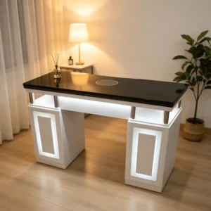 Nail Salon Manicure Table with LED Marble Top, White, with Storage Cabinet