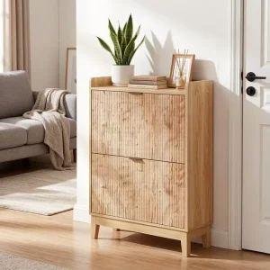 Narrow Contemporary Durable Eco Friendly Shoe Cabinet 2 Flip Drawers Open Shelf Storage for Villa and Warehouse Home Furniture