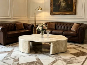 Natural Beige Travertine Coffee Table Modern Luxury Geometric Design Marble Center Table for Living Rooms Villas Hotel