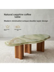 Natural Blue Jade Coffee Table Modern Minimalist Special Shaped Double Layer Design Solid Wood Table Legs Light Luxury