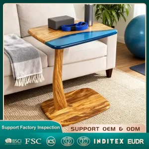 Natural House Luxury Olive Wood and Resin Side Table C-shaped End Table for Living Room Bedroom Bedside