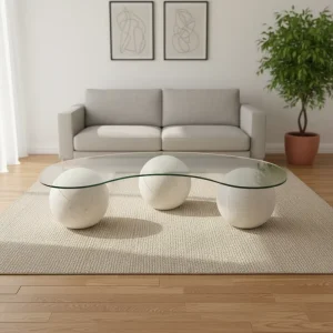 Natural Marble Limestone Convertible Ball Base Tempered Glass Table Top Modern Adjustable Height Coffee Table