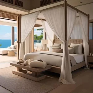 Natural Rattan Wooden Bedroom Furniture Set Custom Hotel Resort Guest Room Full Bedroom Furnishing Project for Villa Decoration