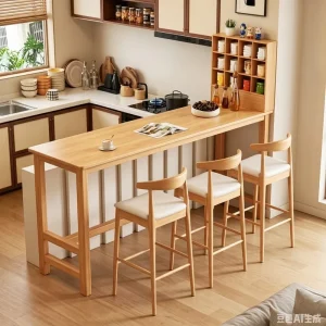 Natural Solid Wood Bar Table Set Rubber Wood Narrow Wall Leaning Counter Table High Stools Furniture Consolidation Service