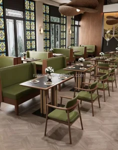 Natural Solid Wood Frame Dark Matte Top Dining Table Olive Green Fabric Padded Booth Armchair Botanical Cafe Furniture