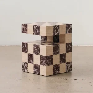 Natural Travertine Rosa Levanto Marble Checkerboard Pattern Design Side Table for Living Rooms Bedroom Apartment
