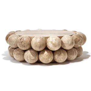 Natural Travertine Sphere Beaded Design Coffee Table Handcrafted Custom Stone Round Table for Modern Living Space