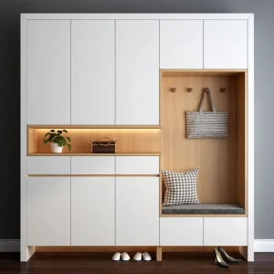 Natural Wood Accent Entryway Shoe Cabinet with Cushion Bench Hanging Hooks Organizer Shoe Cabinet