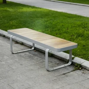 Natural Wood Color Slat Bench Galvanized Steel Frame Durable Public Seating for Modern Residential Community Layout
