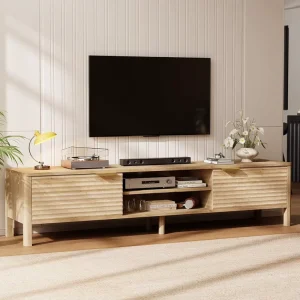 Natural Wood Grain MDF TV Stand Wave Door Media Console with Open Shelves Modern Living Room Storage Entertainment Furniture