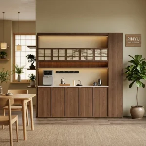 Natural Wood Ink Painting Glass Sideboard Wardrobe Closet Resort Guest Room Integrated Custom Storage Cabinet