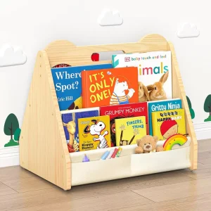Natural Wood Kids Book Rack with Fabric Storage Pocket Cute Bear Ear A Frame Front Open Toddler Bookshelf Book Display Organizer
