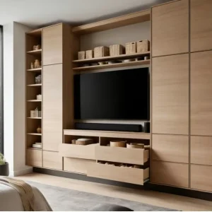 Natural Wood Veneer Farmhouse Living Room TV Wall Unit Custom Handleless Design High Grade Floating TV Cabinet