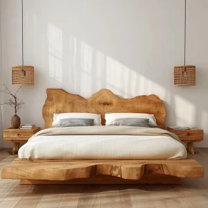 Nature Simple Wabi sabi Style Solid Wood Durable Double Bed for Master Bedroom Hotel Villa Wedding Use