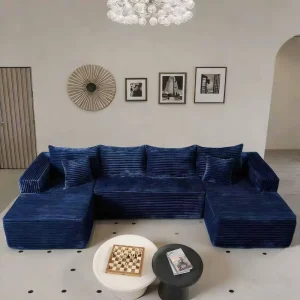 Navy Blue Striped Corduroy U Shaped Modular Sofa Double Chaise Lounge Modern Sponge Filled for Living Room Apartment School