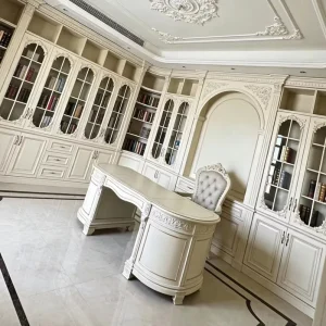 Neoclassical Ivory White Curved Executive Desk with Double Cabinets White Floral Carved Irregular President Desk Study Desk