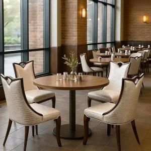 Neoclassical Luxury Cutout Cushioned Solid Rubber Wood Closed Pore Lacquer Commercial Hospitality Banquet Dining Table Set