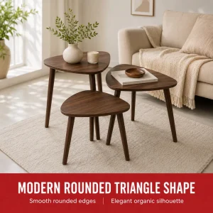 Nesting Coffee Table Set of 3 Modern Walnut MDF Round Triangle Accent Tables with Wood Legs for Living Room Decor