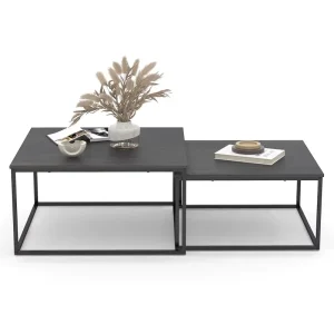 Nesting Tables Set of 2 Black Coffee Table Set for Living Room with Sintered Stone Tabletop and Metal Frame