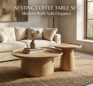 Nesting Travertine Effect MDF Coffee Table Set of 2 Modern Round Japandi Center Table Living Room Furniture
